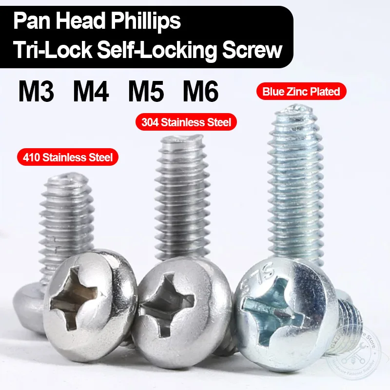 304 410 Stainless Steel Pan Head Phillips Tri‑Lock Self‑Locking Screw Blue Zinc Plated M3 M4 M5 M6 Anti‑Loosening Self‑Tapping