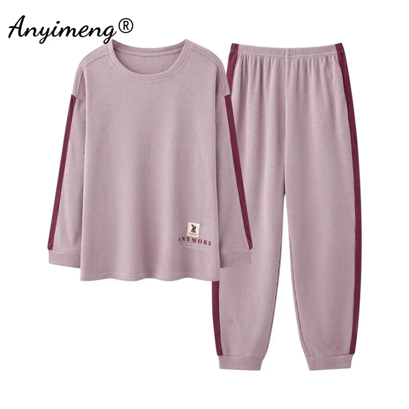 New Autumn Winter Waffle Cotton Women Pajamas Long Sleeves Nightwear Soft Sports Pajama Round Collar Woman Sleepwear