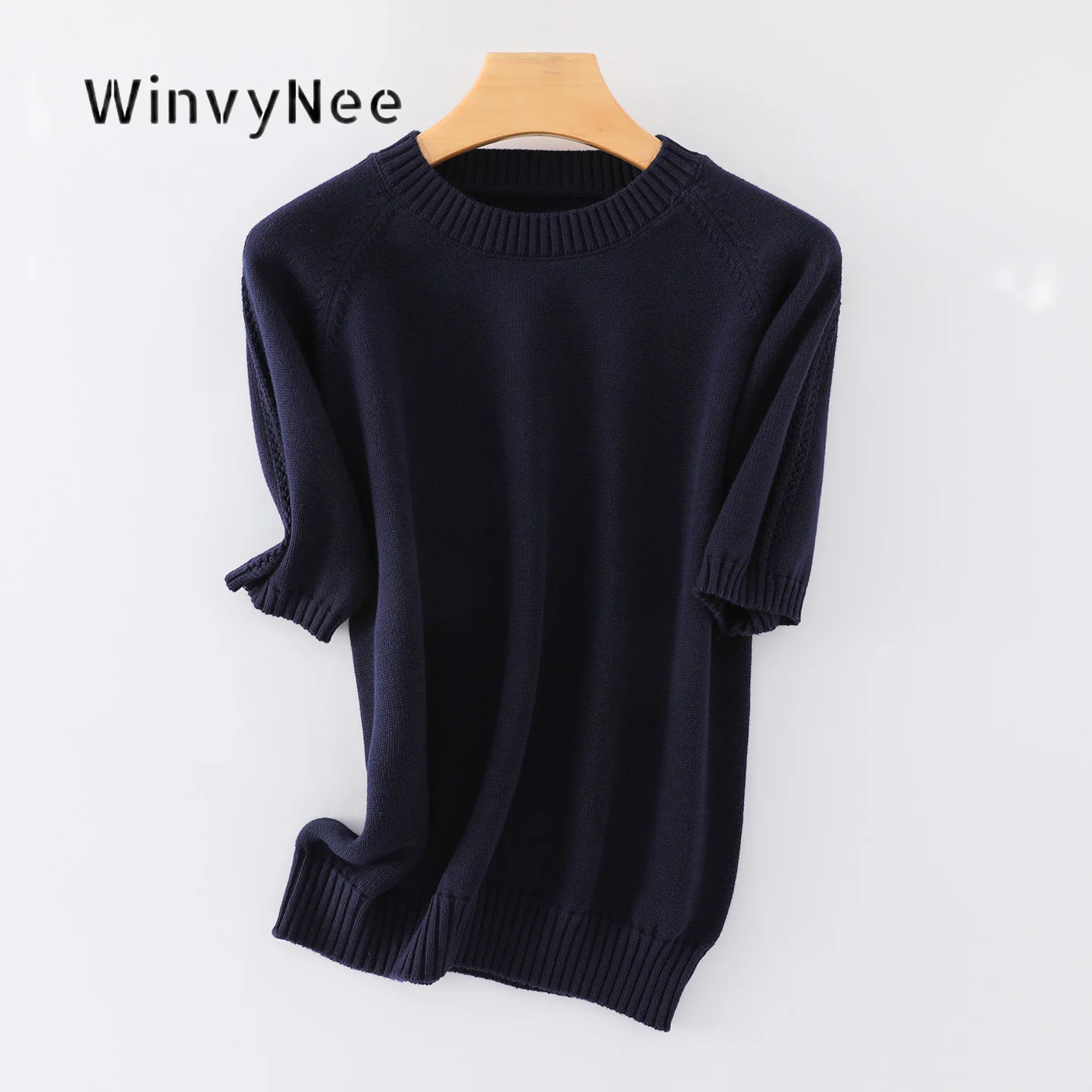 WinvyNee Women Pure Cotton Hollow Out Patch Short Sleeve Knit Pullover Casual Loose Sweater Fashion Spring Autumn Wear A1092069