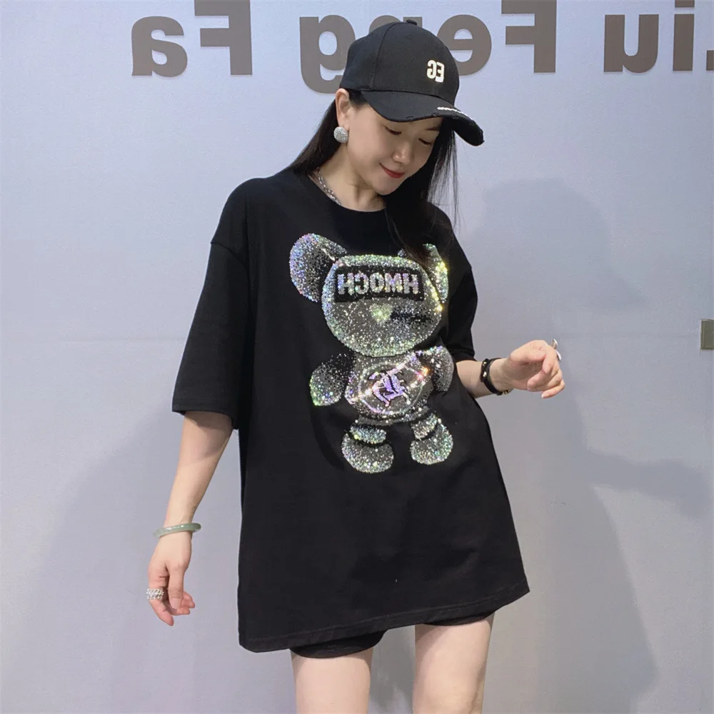 Fashion Spring Summer Women Short Sleeve T-shirt Shiny Cartoon Hot Diamonds Round Neck Pullover Top Handsome Black Cotton Tees