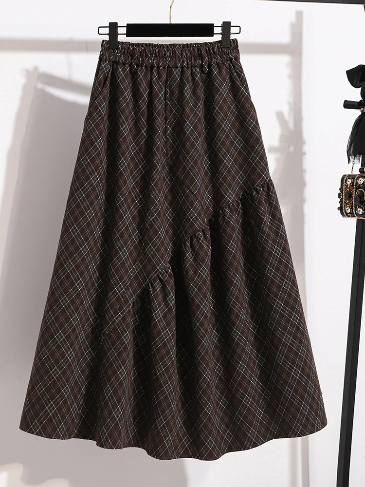 Authentic Autumn Winter Large Pleated A-Line Long Skirt Elastic Waist Tweed Slimming Midi Skirt Commute Style Casual Wear
