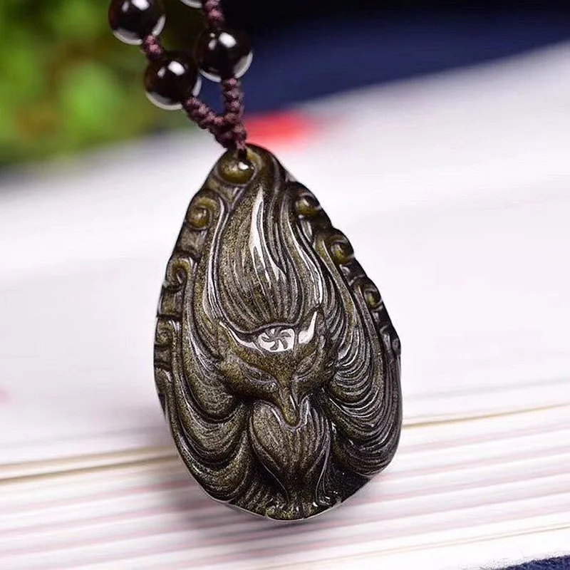 

Natural Gold Obsidian Hand Carved Nine Tailed Fox Jade Pendant Fashion Boutique Jewelry Men's and Women's Fox Necklace Wholesale