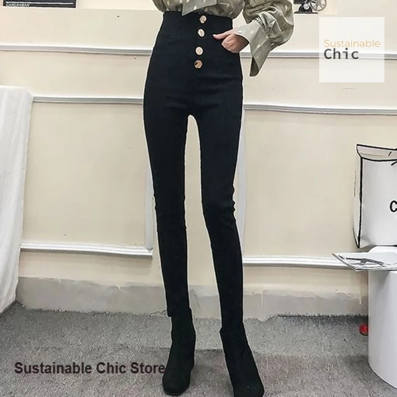 Korean new high-waist, breasted leggings women's spring and autumn new fashion wear slim black pencil pants and cashmere pants.