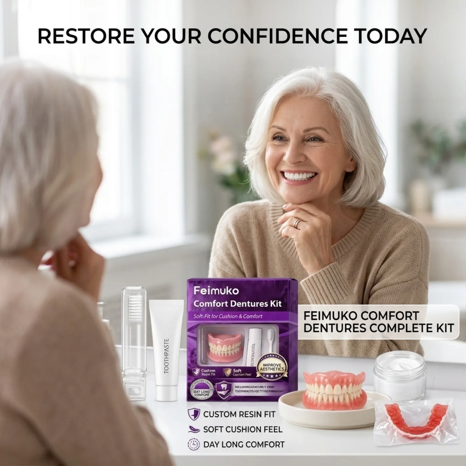 Comfort Dentures Kit Soft Fit Resin Cosmetic Teeth Cover Smile Enhancement With Toothpaste Toothbrush Daily Care Set
