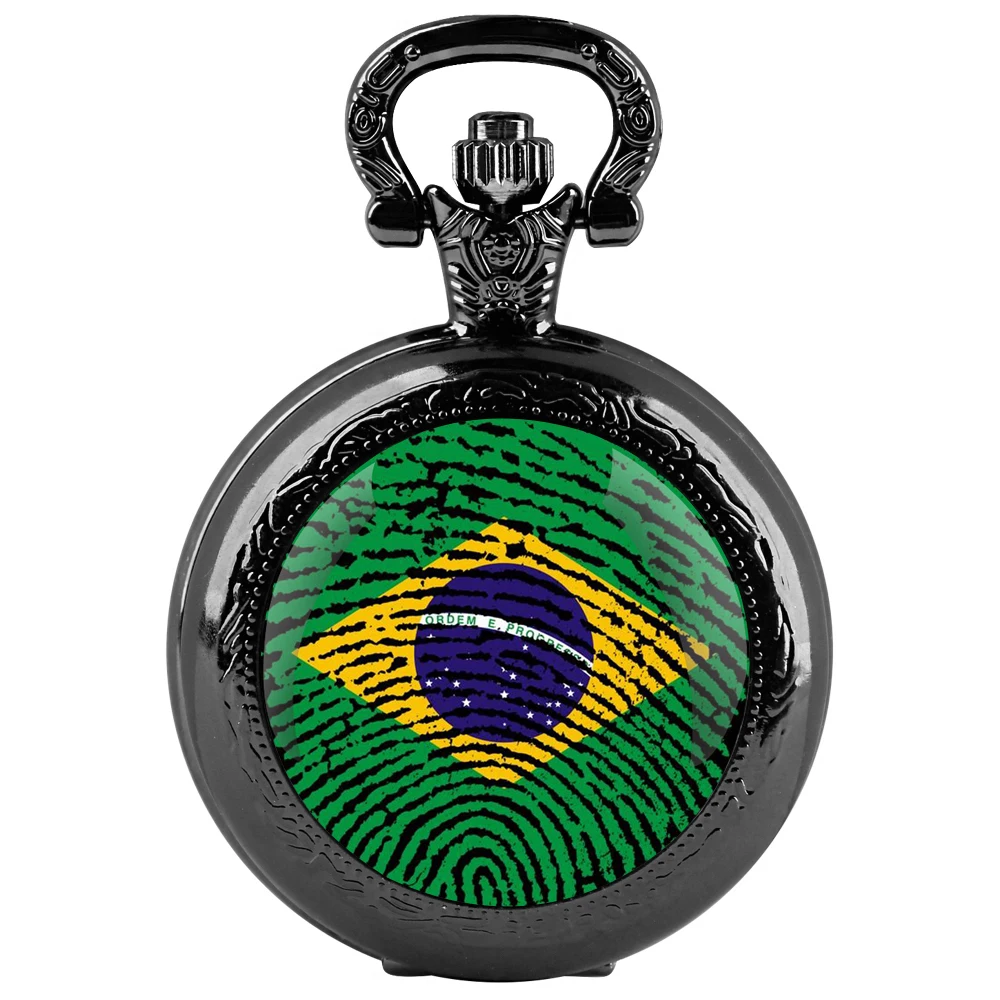 Montre de poche à quartz noir avec dôme en verre et drapeau brésilien, avec cadran en chiffres arabes et chaîne durable, cadeau rétro pour hommes et femmes