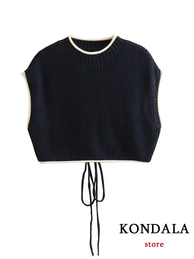 KONDALA Sexy Women Vest Black Solid O-Neck Sleeveless Backless Knitted Short Sweaters New Fashion 2023 Autumn Winter Female Tops