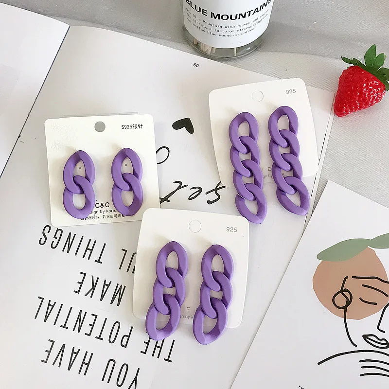 Purple Color Chain Acrylic Long Dangle Earring for Women Rubber Paint Geometric Jewelry Accessory Wholesale Christmas Gift Girl