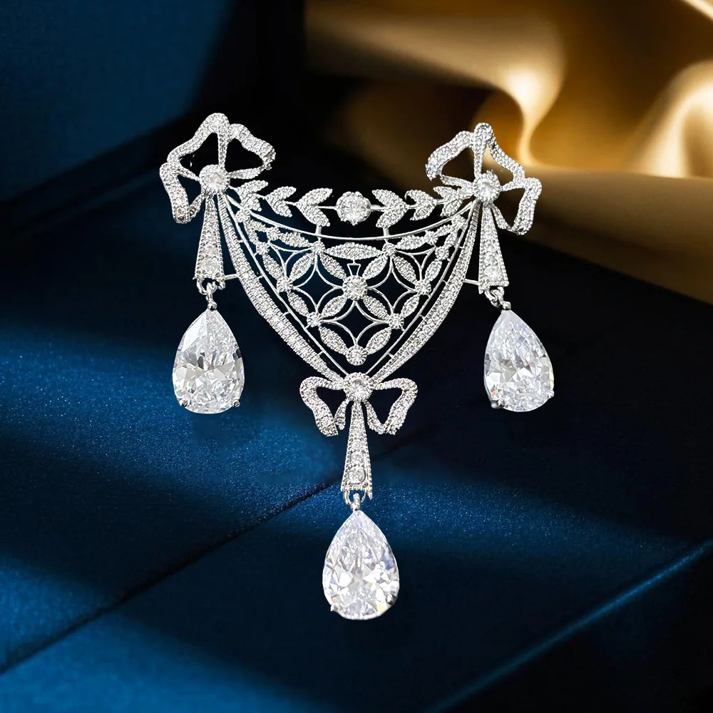 Luxury Shinying Zircon Fringed Bow Brooch Chic Classical Wheat Flower Hollow Design Brooches for Women Corsage Broche Decorativo view 2
