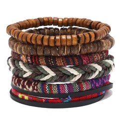 4Pcs/ Set Braided Wrap Leather Bracelets for Men Vintage Life Tree Rudder Charm Wood Beads Ethnic Tribal Wristband Rope Bracelet