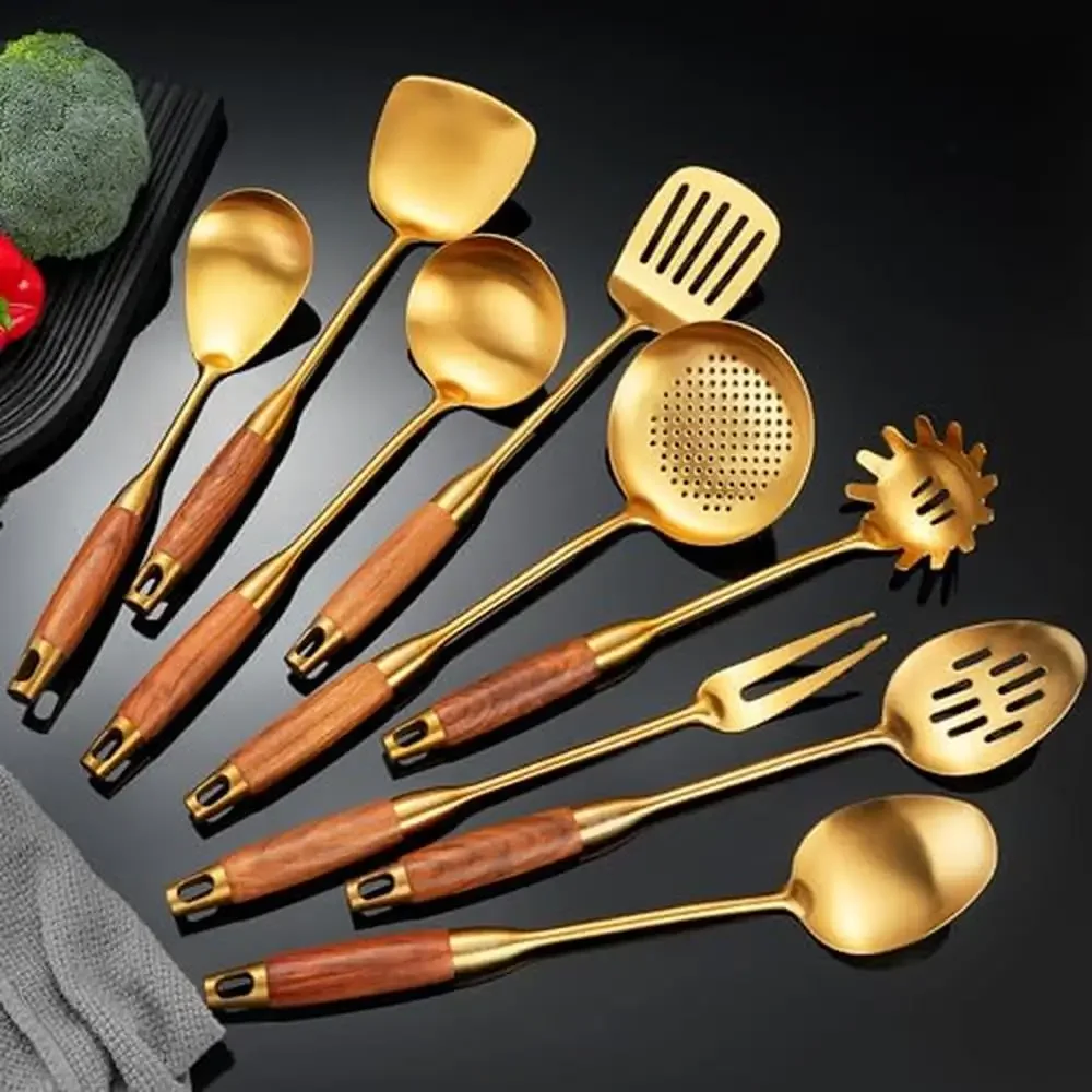 

Gold Stainless Steel Kitchen Utensils Set Wood Handle Spoon Fork Spatula Ladle Cooking Tools