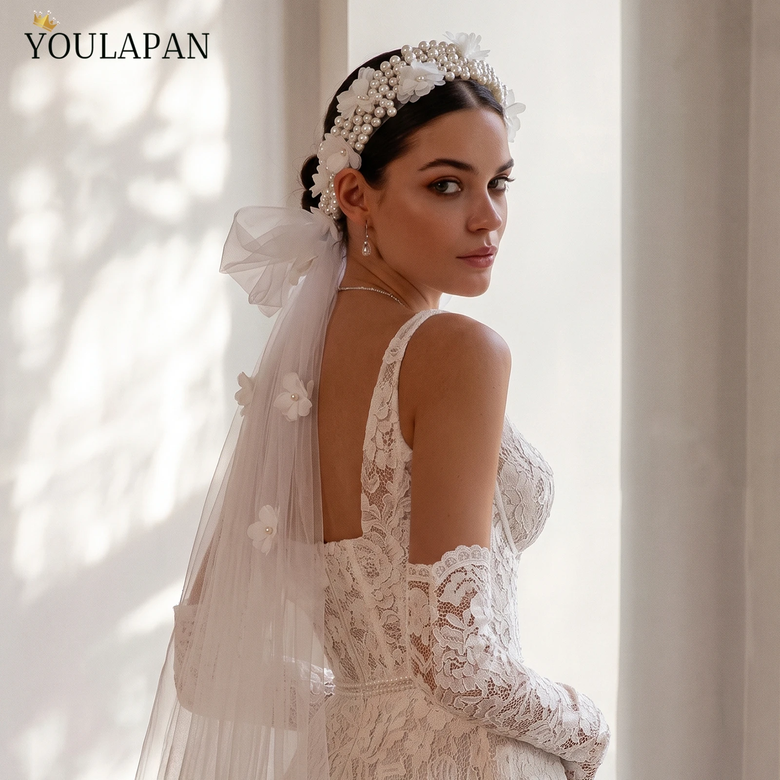 YouLaPan Pearl 3D Flower Tulle Headband Bridal Pearl Headband Long Streamer Bow Bridal Hair Wedding Accessories M121