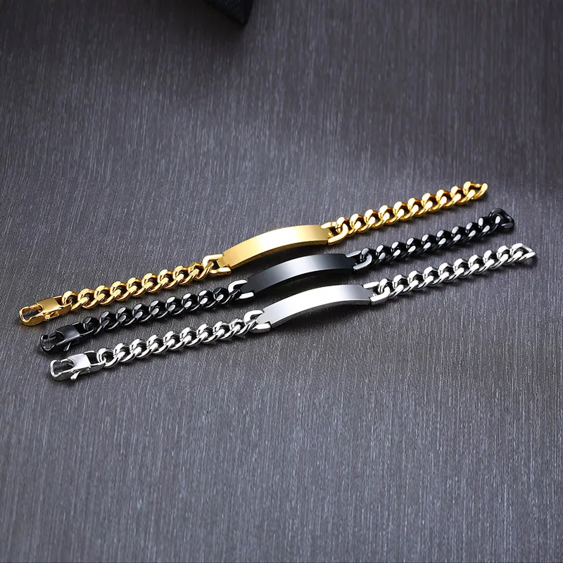 Bracelet gourmette en acier inoxydable pour homme, jonc personnalisé, barre personnalisée avec noms, initiales, date, document argenté, bijoux