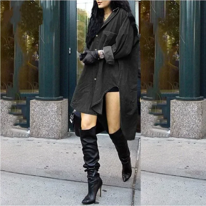 Женский повседневный свободный джинсовый топ с длинными рукавами и лацканами, однотонный свободный модный топ с нерегулярными боками и карманами на пуговицах, джинсовая куртка