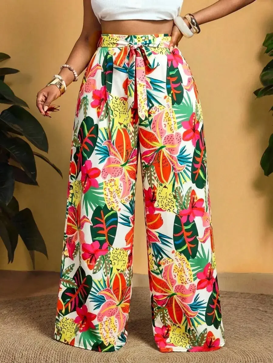 Slaydiva Plus Size Women's Vacation Style All-Over Print High Waist Belted Loose Wide Leg Pants