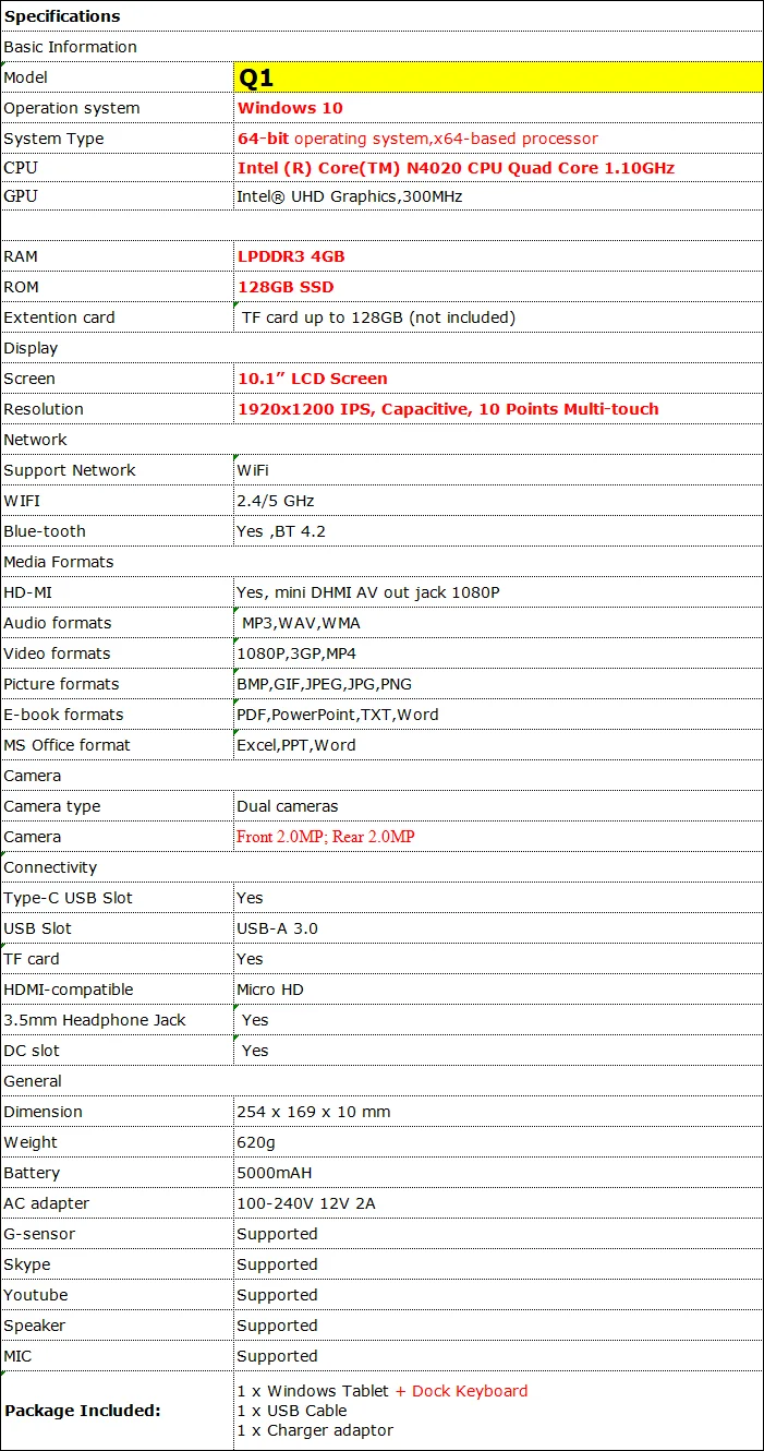 10.8'' Windows 10 Tablet PC CWI540 N4020 CPU 4GB RAM 64GB ROM 1.10GHz Quad Core 1920x1200 IPS Screen