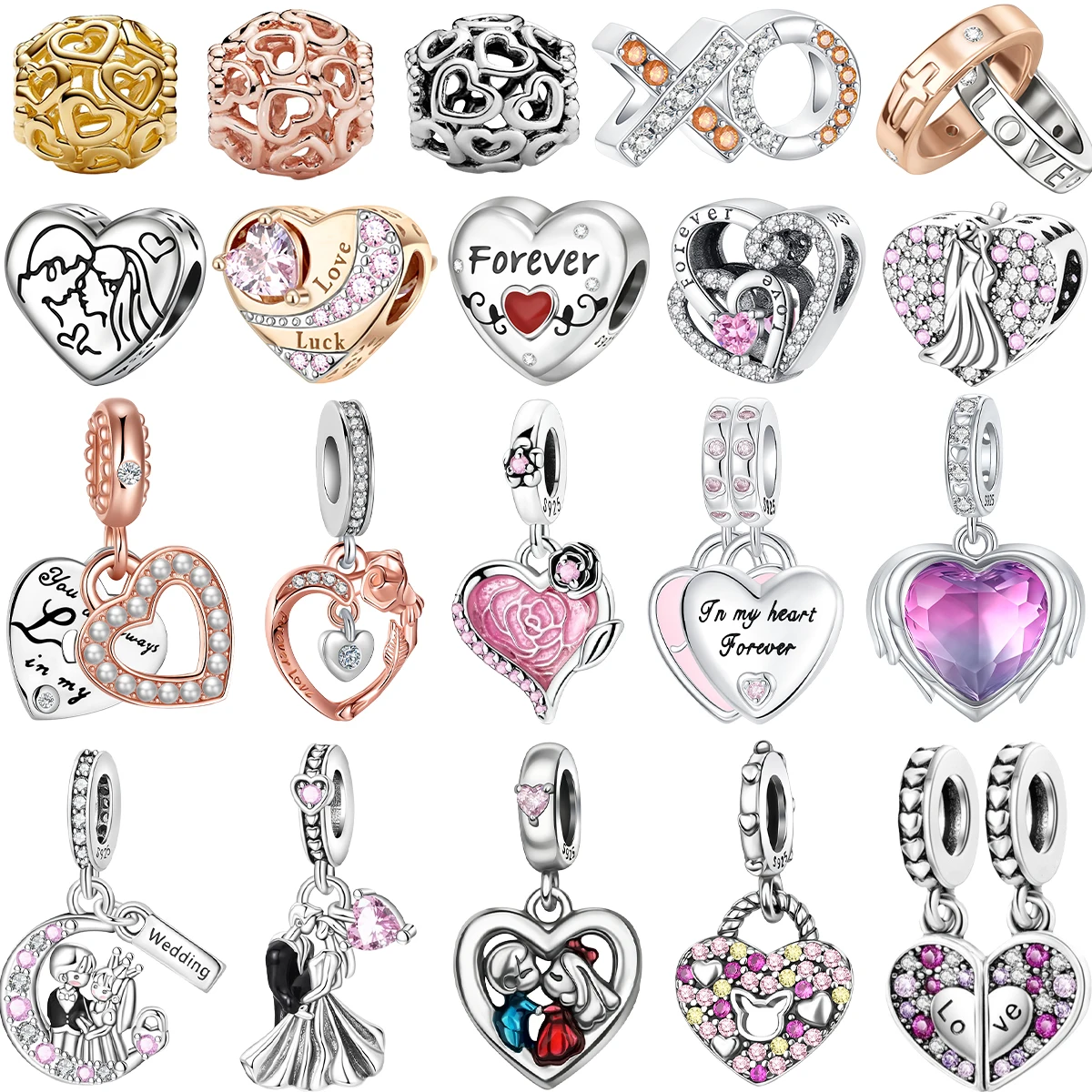 

Новые оригинальные подвески из стерлингового серебра 925 пробы, сердце, роза, пара бусин, подвески, подходят для браслета, ожерелья, сделай сам, ювелирные изделия на день Святого Валентина, подарок