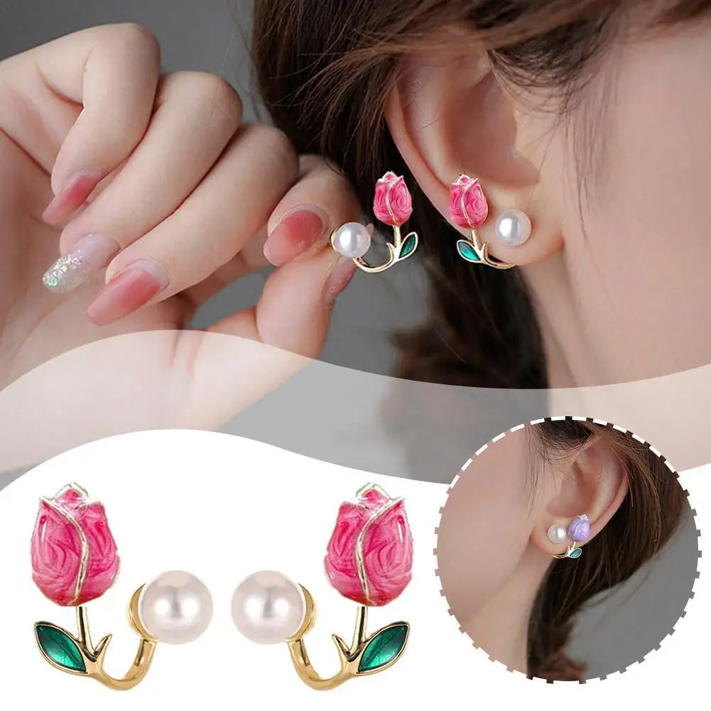 Sweet Fashion Enamel Pearl Tulip Flower Stud Earrings For Women Korean Temperament Zircon Back Hanging Earring Wedding Jewelry