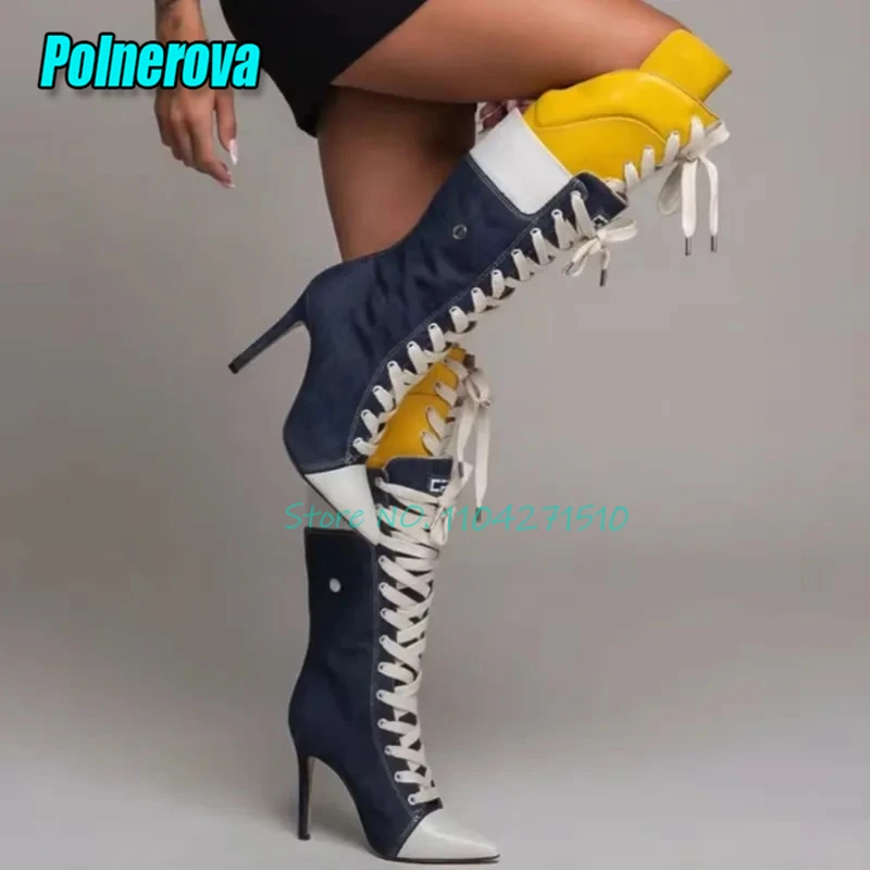 Sexy Suede Pointed Toe High Heels for Women Denim Patchwork Western Cowboy Boots Fashion Designer Strappy Knight Boots Big Size