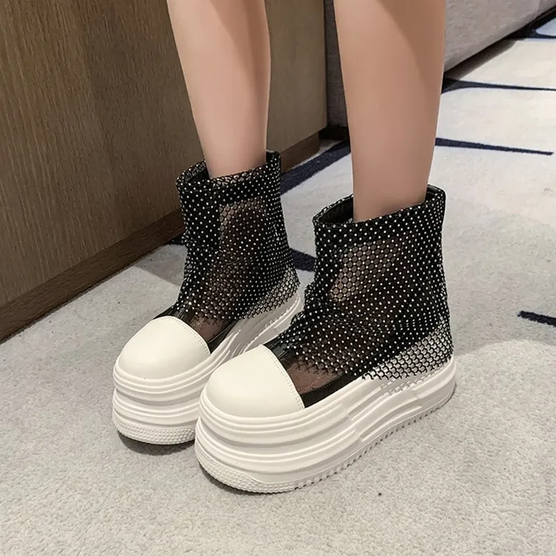10cm Super High Women's Stud Wedges Platform Booties Round Cool Ankle Boots New 2026 Spring Summer Street Style Trending Shoes