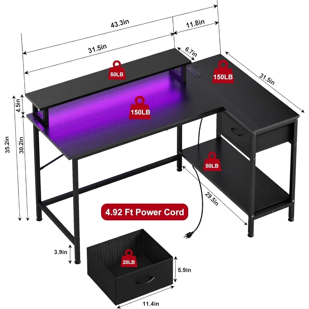 Fixwal Gaming Desk for Bedroom L Shaped Small Corner Computer Desk with Power Outlets and LED Lights, PC Desk