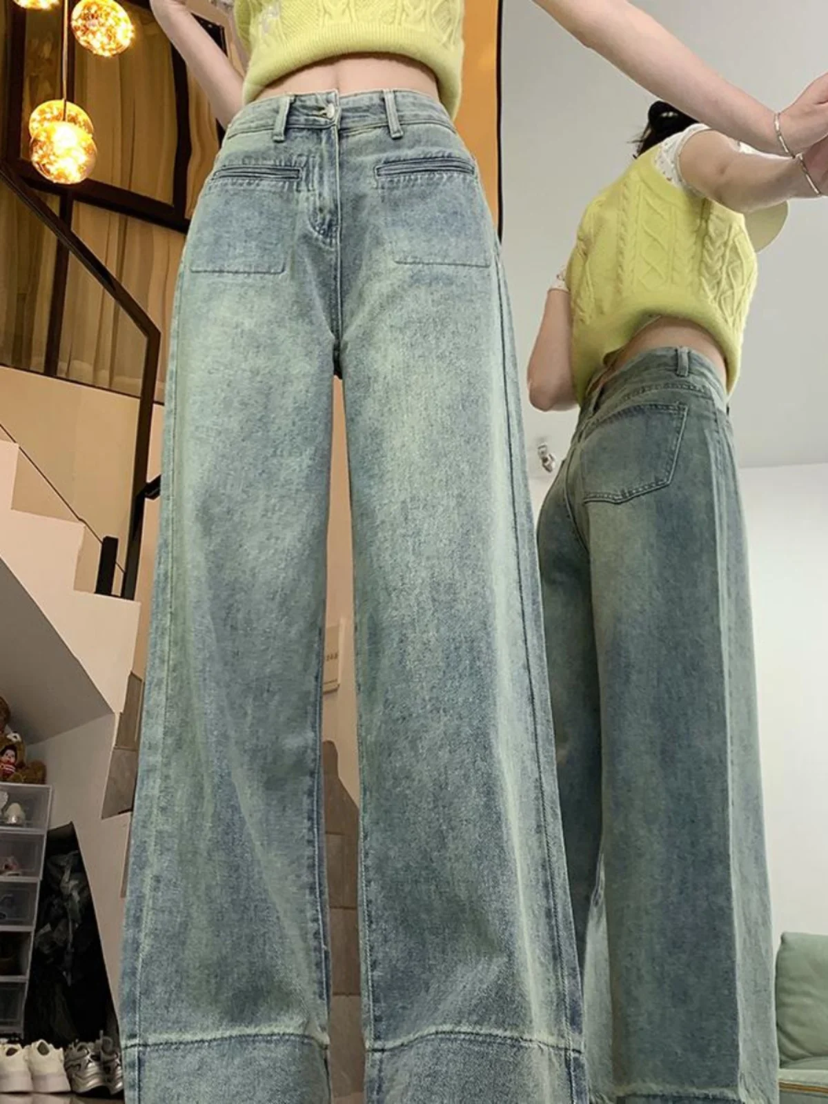 Retro lichtblauwe jeans met hoge taille, wijde pijpen, dames losse pasvorm, rechte snit, lange broek, lente herfst nieuw, plus size