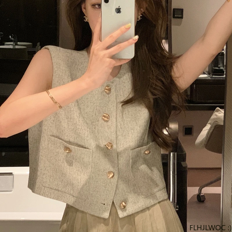 Hot Sales Chic Korea Design Korea Style High Street Women Fashion Cute Elegant Office Lady Button Short Coats Sleeveless Jackets