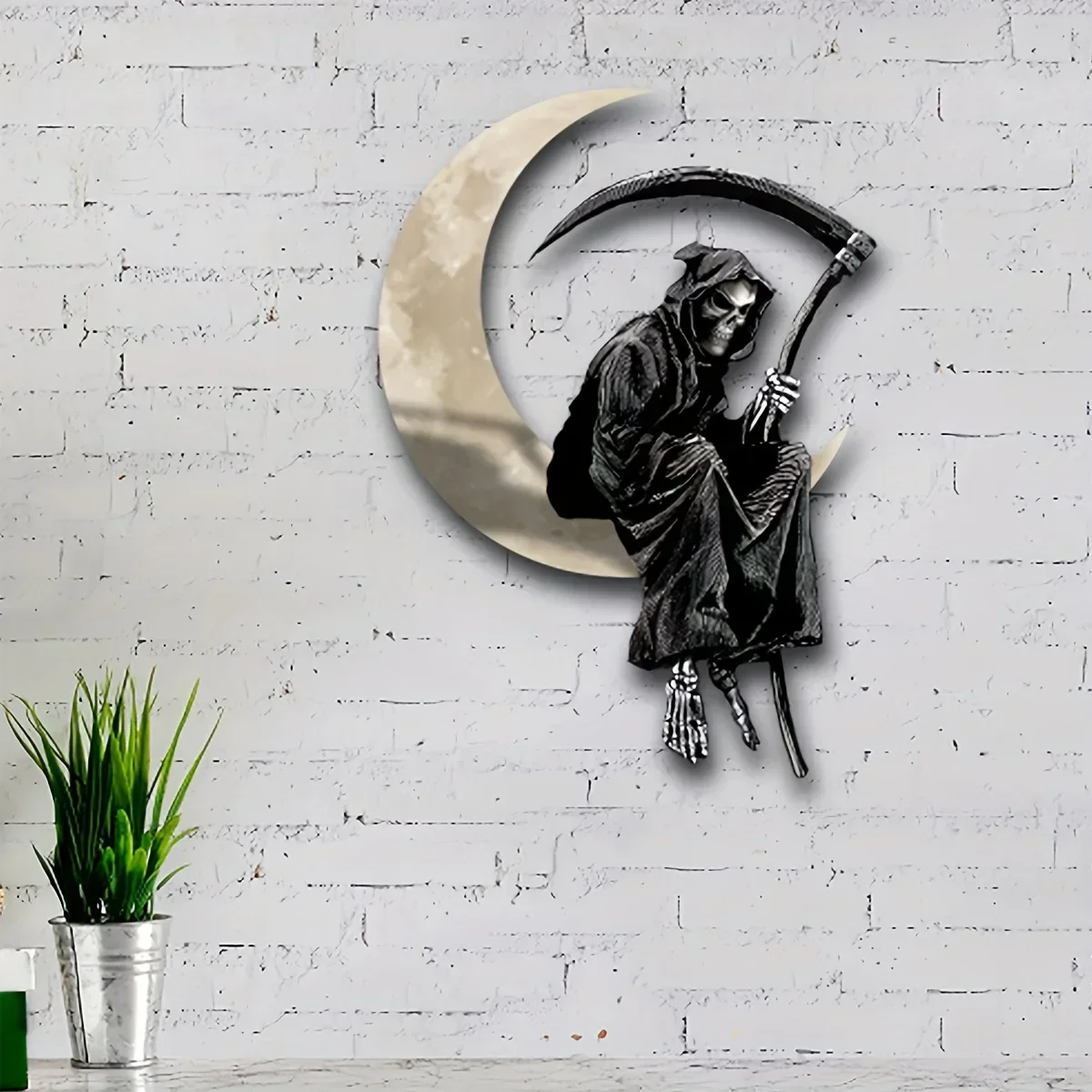 metal iron  Reaper on Moon Metal Home Decor Art Creepy Wall Sticker Halloween Decor, Living Room, Outdoor Home Decor Bedroom Bac