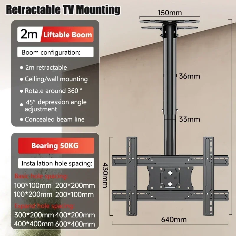 Ceiling TV Mount Full Motion TV Bracket Swivel Tilt Height Adjustable Hanging TV Mount for Most 32-75