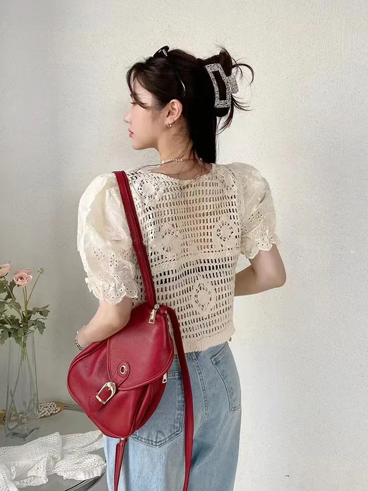 Japanese Style Puff Sleeve Single Breasted Lace Crop Top Women Summer Fashion Casual Elegant Lovely Ladies Blouses Dropshipping