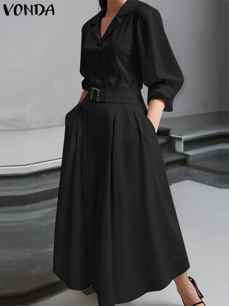 

Plus Size VONDA Women Elegant Long Sleeve Maxi Dress 2024 Solid Color Lapel Collar Casual Long Robes Ftting Office Sundress