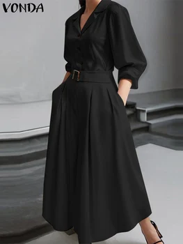 VONDA-Vestido largo elegante de talla grande para mujer, vestido largo de manga larga, Color sólido, cuello de solapa, informal, para oficina, 2024