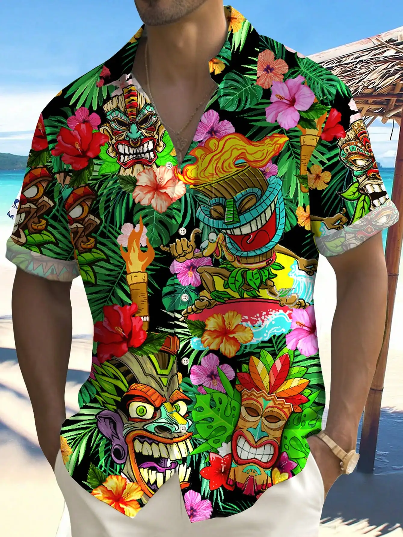 

Tropical Tiki Mask & Hibiscus Print Men's Short Sleeve Button Down Shirt