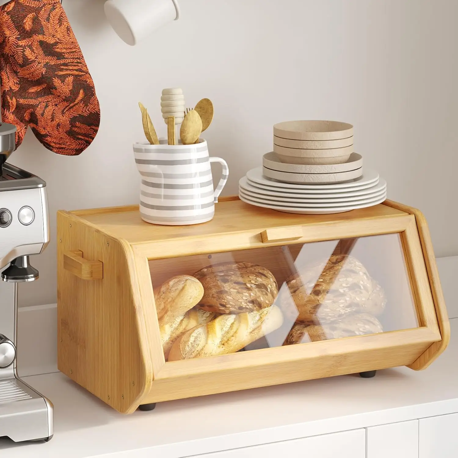 

Bamboo Bread Box keep The Bread Fresh For Kitchen Counter-Large Capacity Wooden Bread Container Farmhouse Bread Box with Window