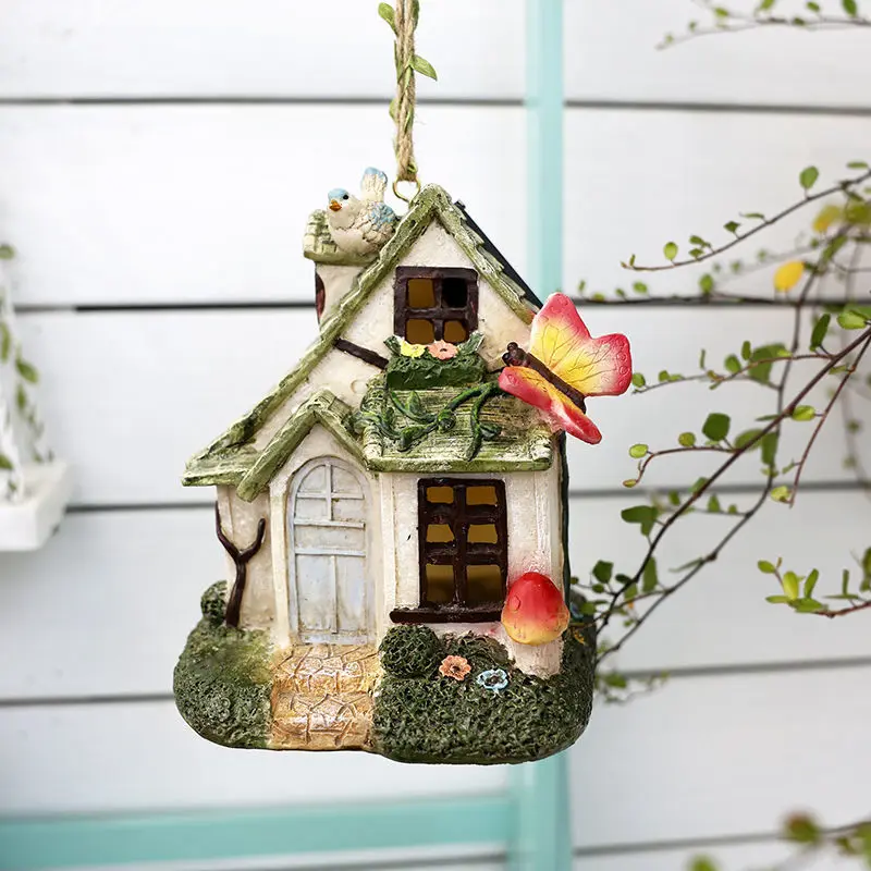 Pastoral Solar Night Light Bird Tree House Resin Pendant Ornament Outdoor Garden Furnishing Decoration Balcony Figurines Crafts