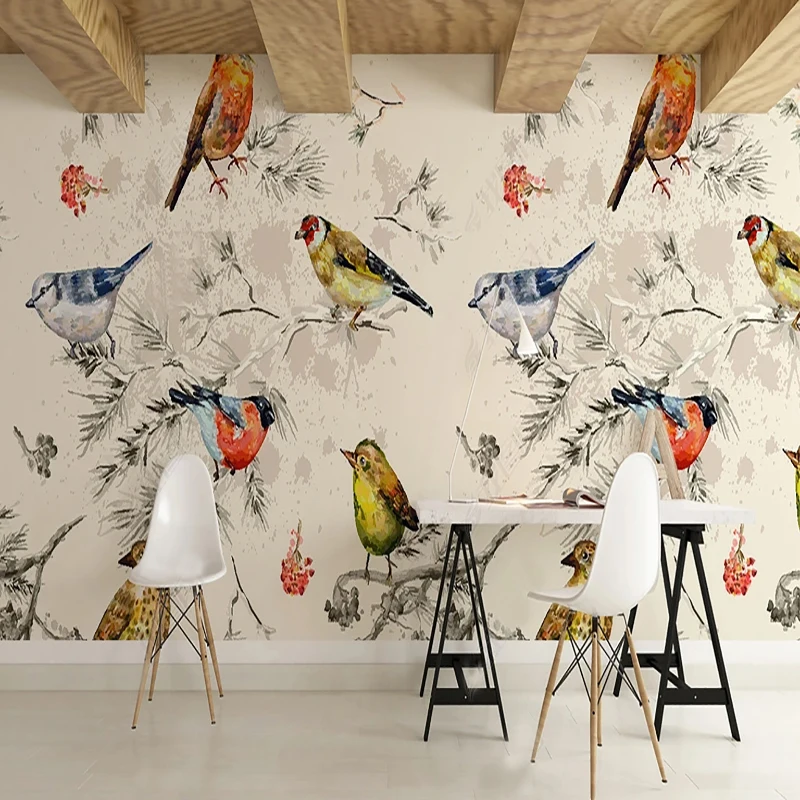 Custom 3D Wall Sticker Chinese Retro Hand-painted Flowers Birds Background Mural Decoration Painting  Decor Waterproof Poster