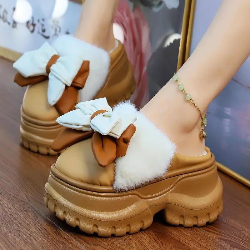 

White Platform 7.5cm bow slippers Indoor women 2024 Winter Warm Slip On Floor Shoes plush Slides Women's Waterproof Fur Slippers