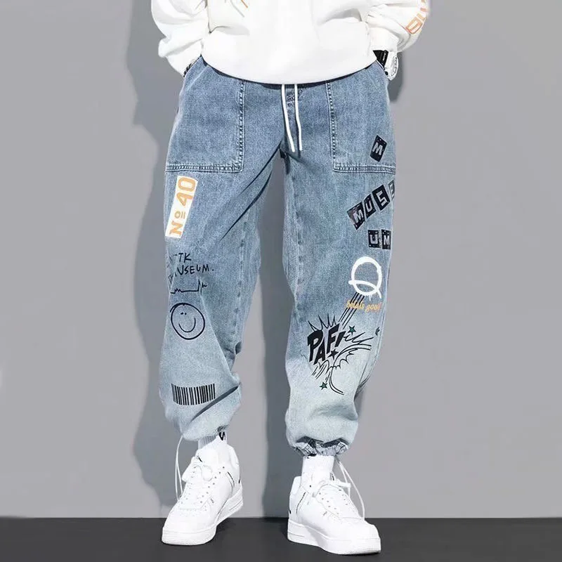 Spring Autumn Men Fashion Print Jeans Cartoon Graffiti Drawstring Trousers Hip Hop Streetwear Elastic Waist Male Denim Pants