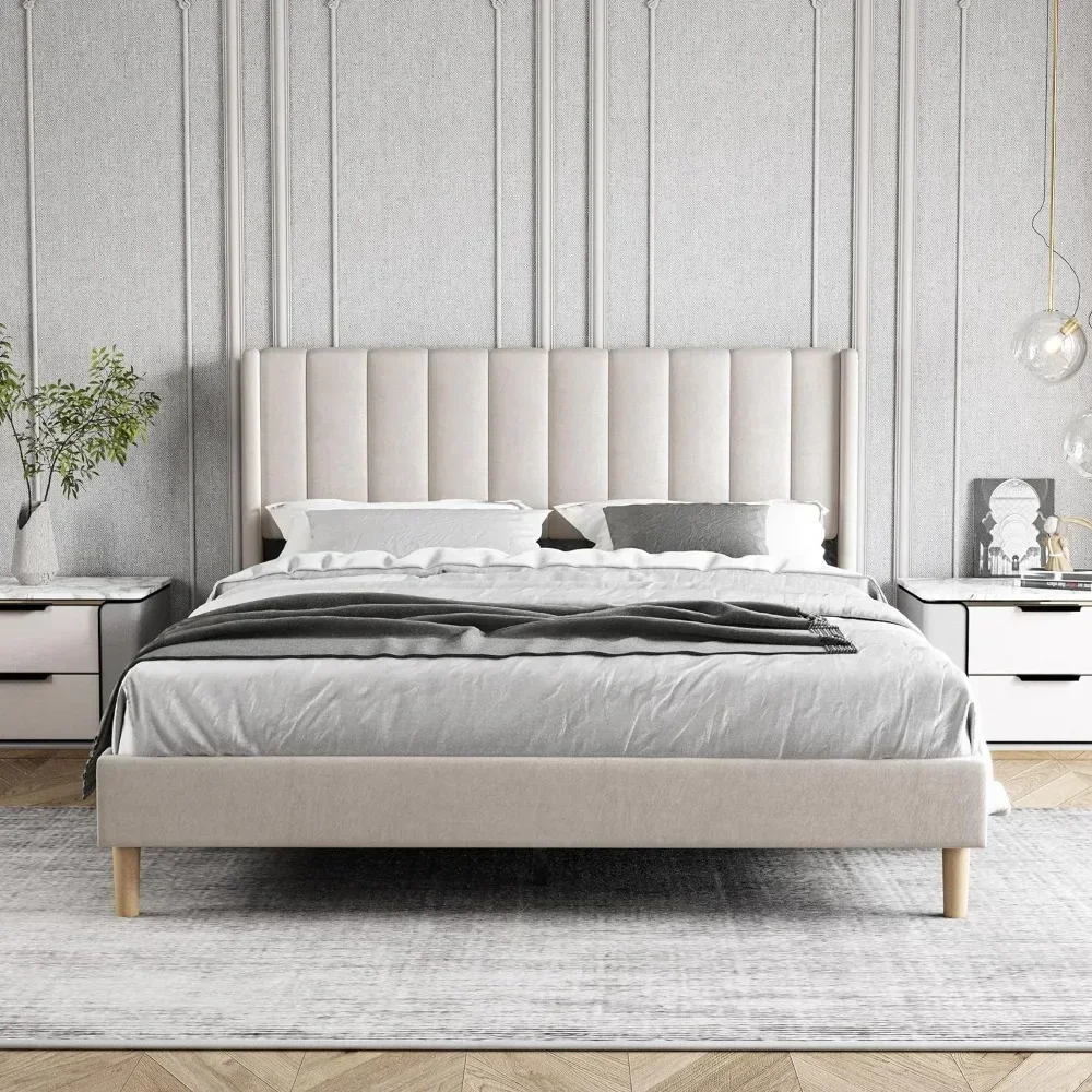 Queen Size Bed Frame with Headboard, Strong Wooden Slats Support, Upholstered Platform Bed Frame