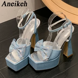 Aneikeh 2024 Summer Denim Square Toe Butterfly-Knot Platform Chain Peep Toe Women Sandals Sexy Buckle Strap Party Stripper Shoes