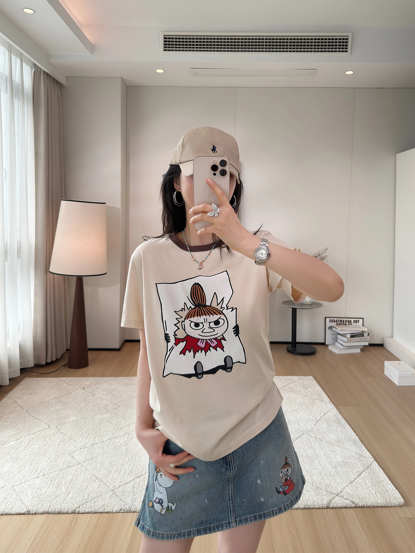 

Heavyweight Embroidered Korean Lazy Cartoon Character Pure Cotton T-Shirt Color Block round Neck Loose Slimming Short Sleeve ...