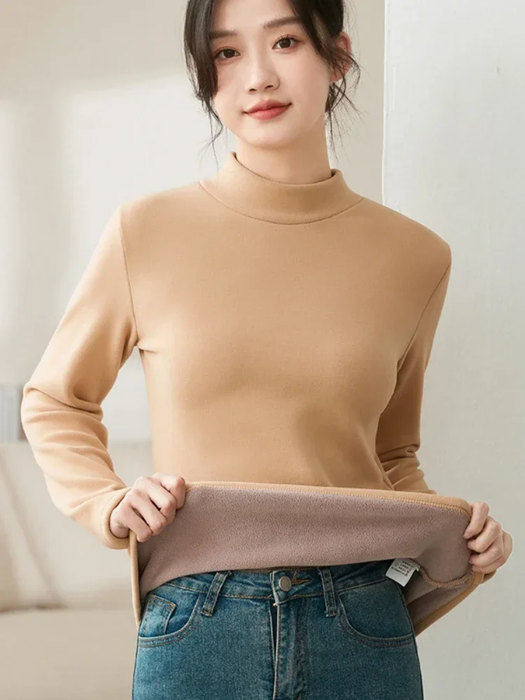 Autumn Winter  Padded Half-high Neck Bottoming Shirt Pure Colour Long-sleeved Fashion Pullover Warm Thick Jumper Sweater Women