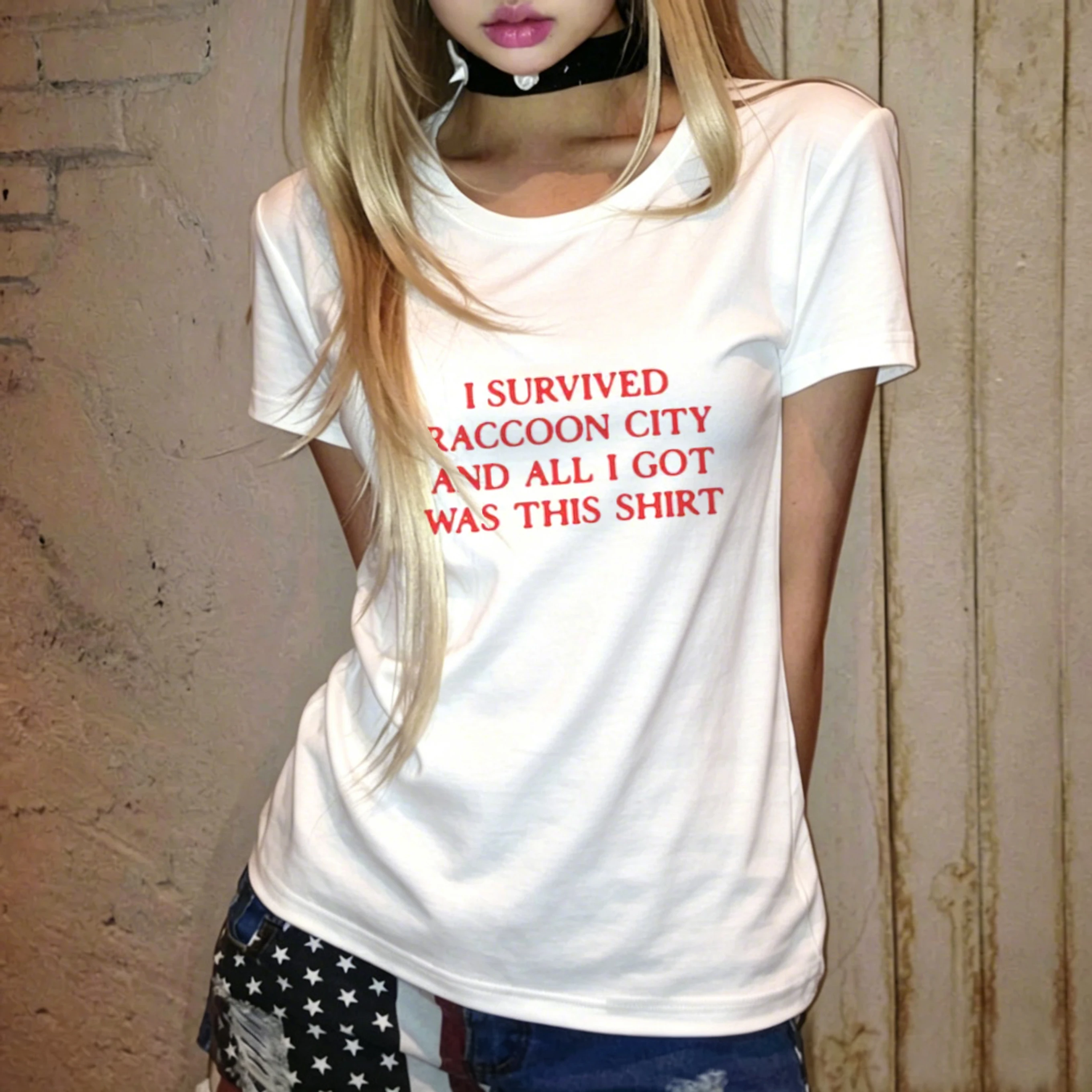 I Survived Raccoon City T-shirt Resident Evil Y2K Horror Game Print Grunge Aesthetic Clothes Cotton T-shirt Harajuku Casual Tops