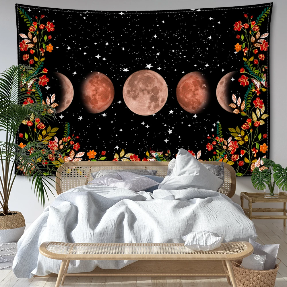 Red Moonlight Garden Tapestry Vintage Bohemian Wall Hanging Moon Phase Art Wall Hanging Decoration