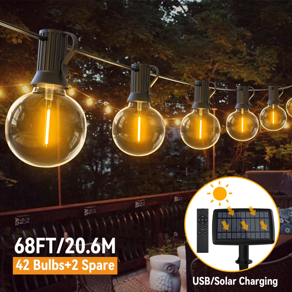 Solar String Lights Outdoor G40 Patio Lights Solar Powered Fairy Lights With Remote Weatherproof Hanging Lights For Holiday Back