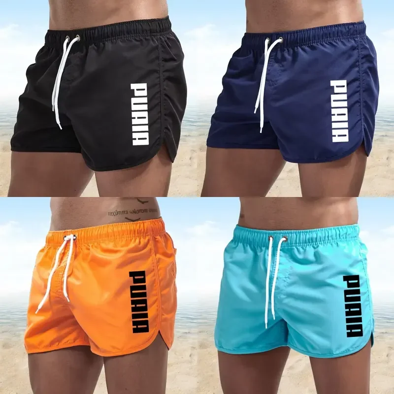Men's Woven Quick Dry Beach Shorts, Vertical Letter Print Elastic Waist Drawstring Casual Swim Trunks