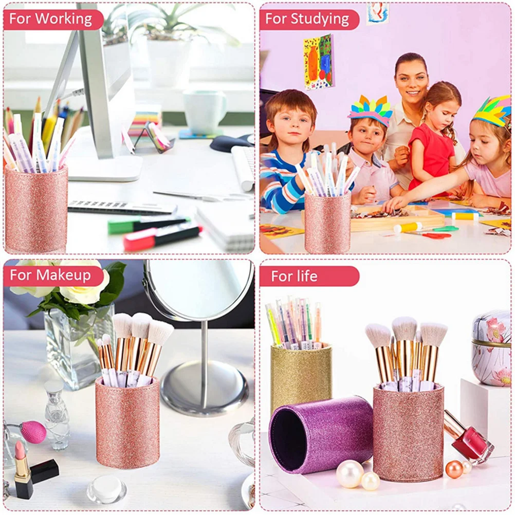 

PU Glitter Pen Holder Cylinder Desk Pencil Holder Makeup Brush Organizer Desktop Storage Suitable for Office Home