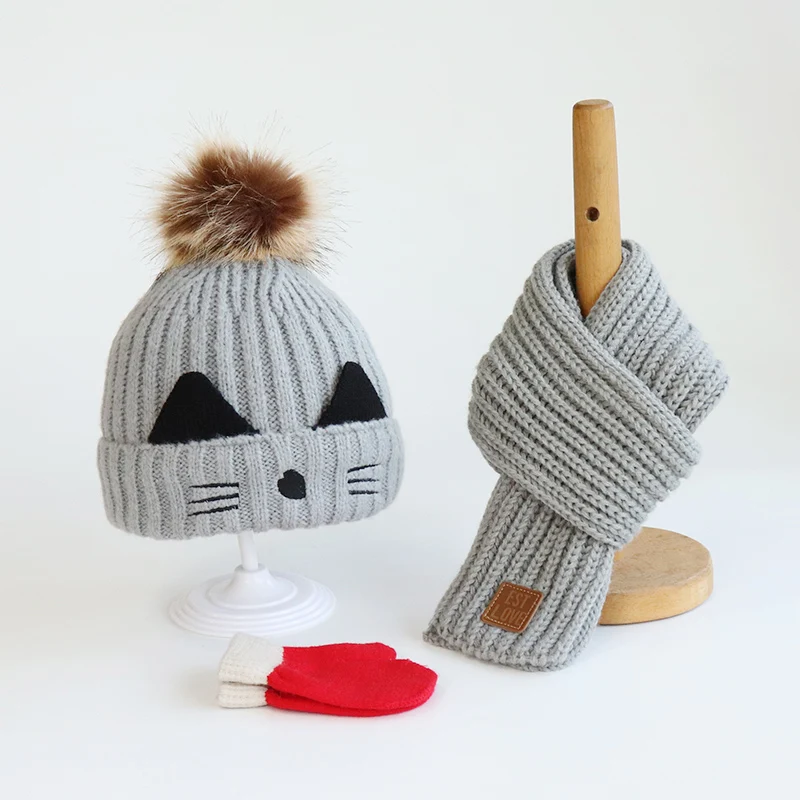 Three-piece plush children\'s hat scarf gloves autumn/winter suit boys and girls knit hat Kitty baby baby hat