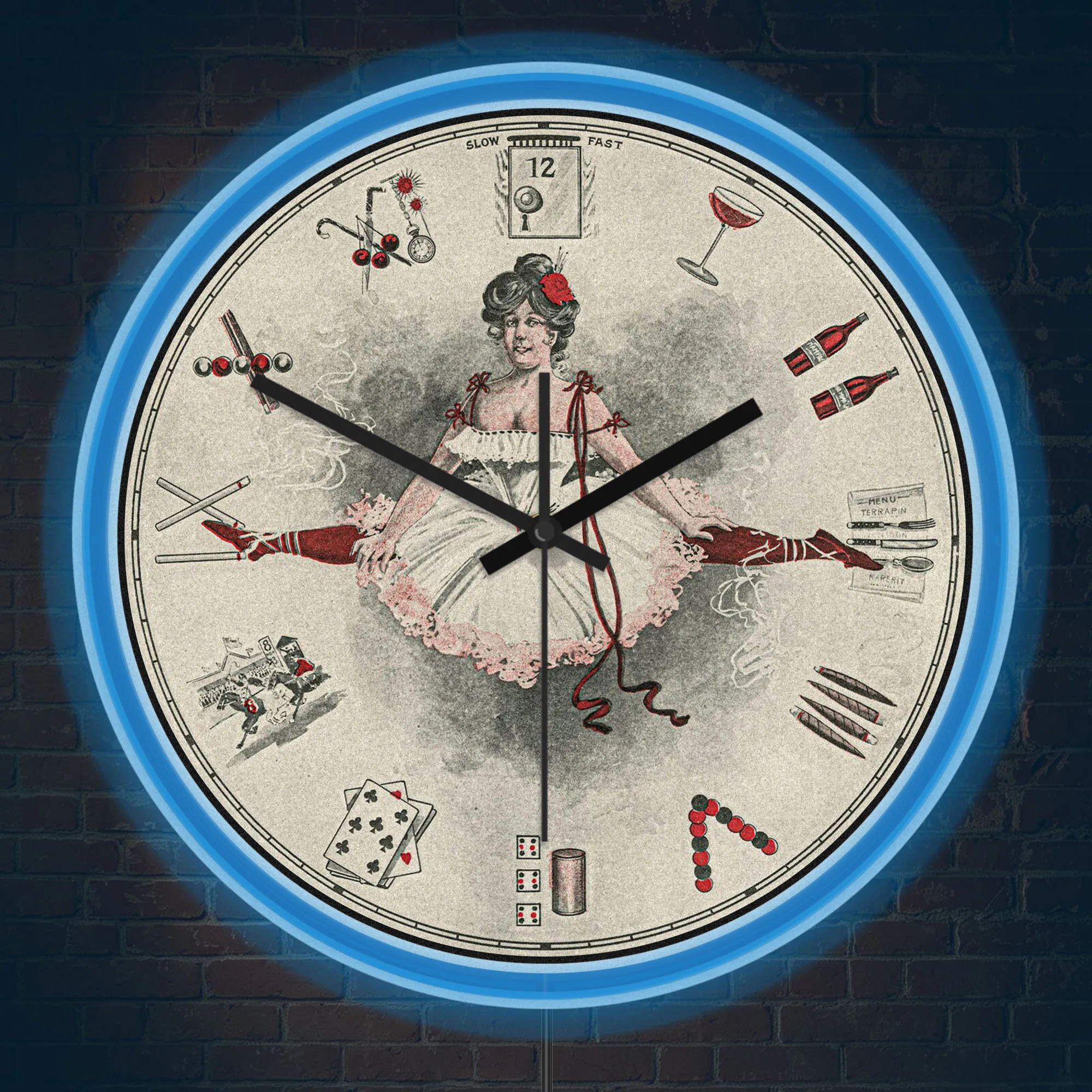 Vintage Cabaret Lady Gambling Art LED Neon Rim Wall Clock Old Fashion Burlesque Wine Illuminated Sign Night Light Wall Clock