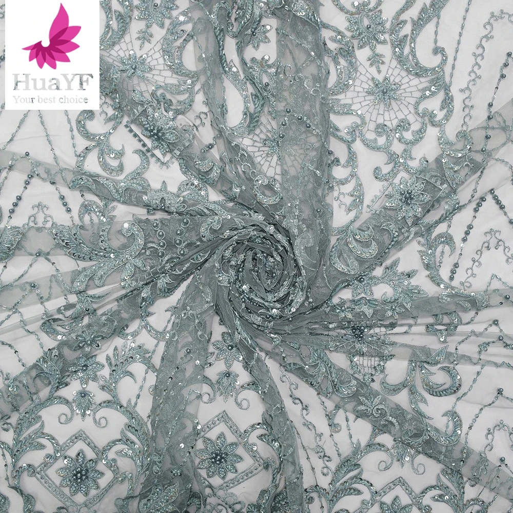

Fashion Light Green Embroidery Net Lace Sequins Fabrics With Beads For Evening Dress HY1267-2