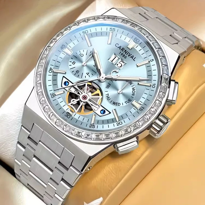 CARNIVAL Men's Sky Blue Dial Tourbillon Mechanical Watch Luminous Stainless Steel Automatic Sport Watch Reloj Hombre